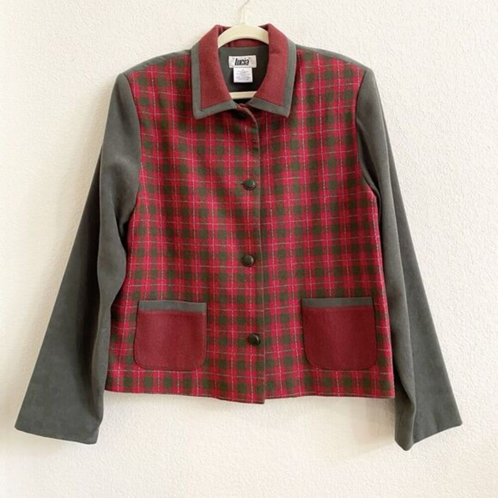Lucia Tartan Plaid Blazer Jacket Wool Blend Button Up Red Green Pockets Size‎ 16